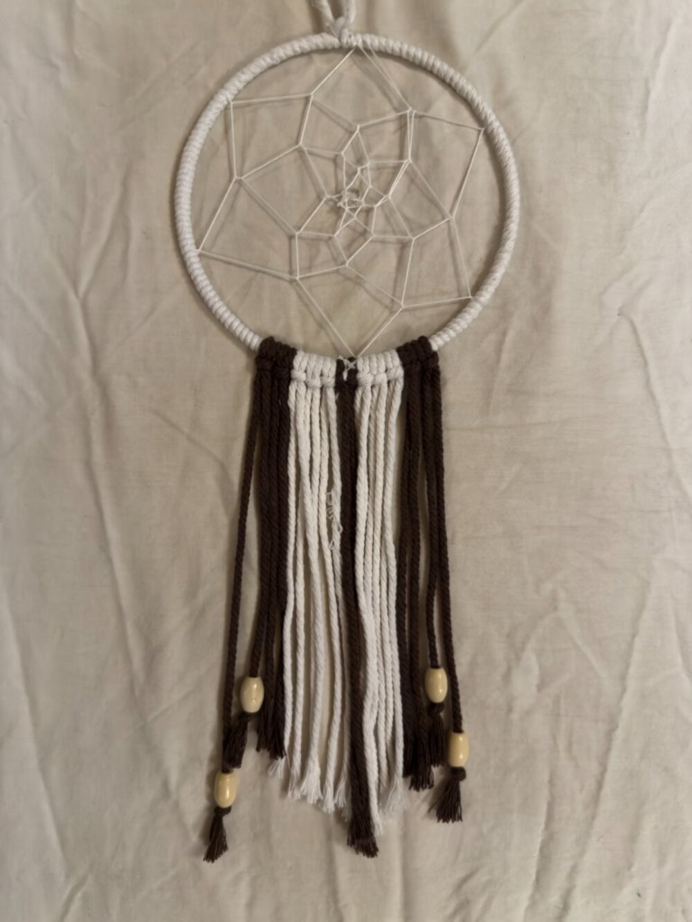 6" Wrapped Round Ring Boho Macrame White & Brown Dreamcatcher with Beads
